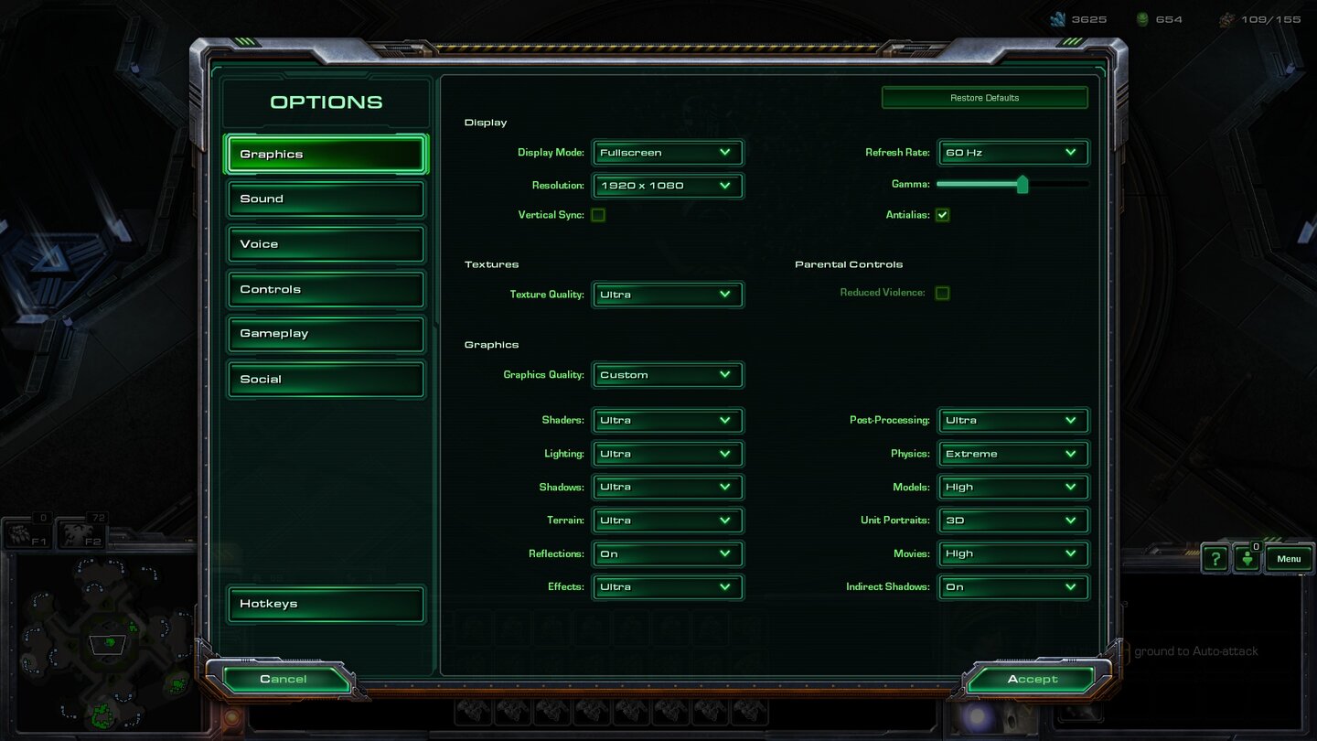 Starcraft 2 - Heart of the Swarm - Grafikmenue