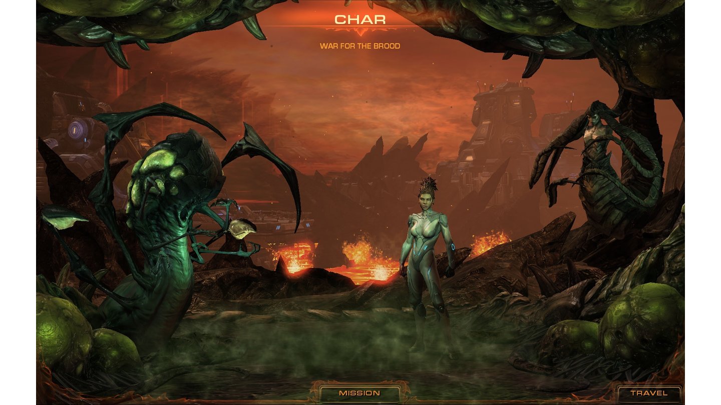 StarCraft 2: Heart of the SwarmKerrigan an Bord des Zerg-Schiffes Leviathan. Im Hintergrund sind die beiden Berater sowie eine Terraner-Basis auf Char zu sehen.