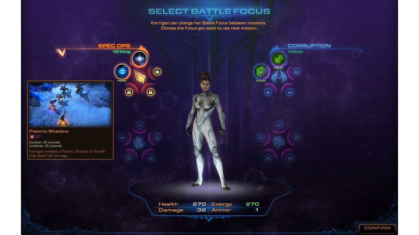 StarCraft 2: Heart of the SwarmBesondere Upgrades für Kerrigan: Jeder Battle Focus hat unterschiedliche Fähigkeiten. Im Lauf der Kampagne werden neue Spells freigeschaltet.