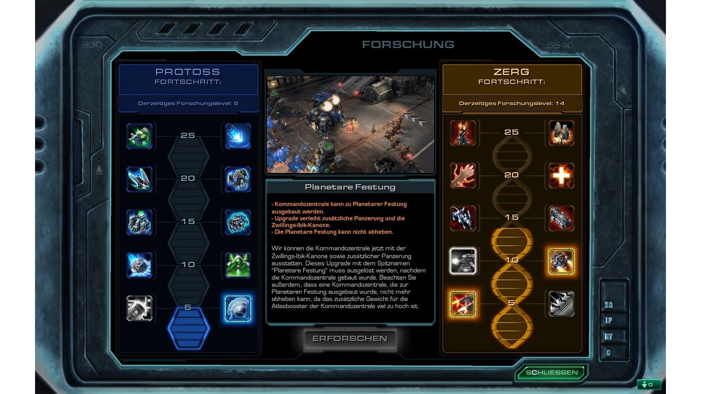 Zerg 2: (10 Punkte) Planetare Festung: Das Upgrade ergänzt die Kommandozentrale mit einer zusätzlichen Panzerung und der Zwillings-Ibik-Kanone.