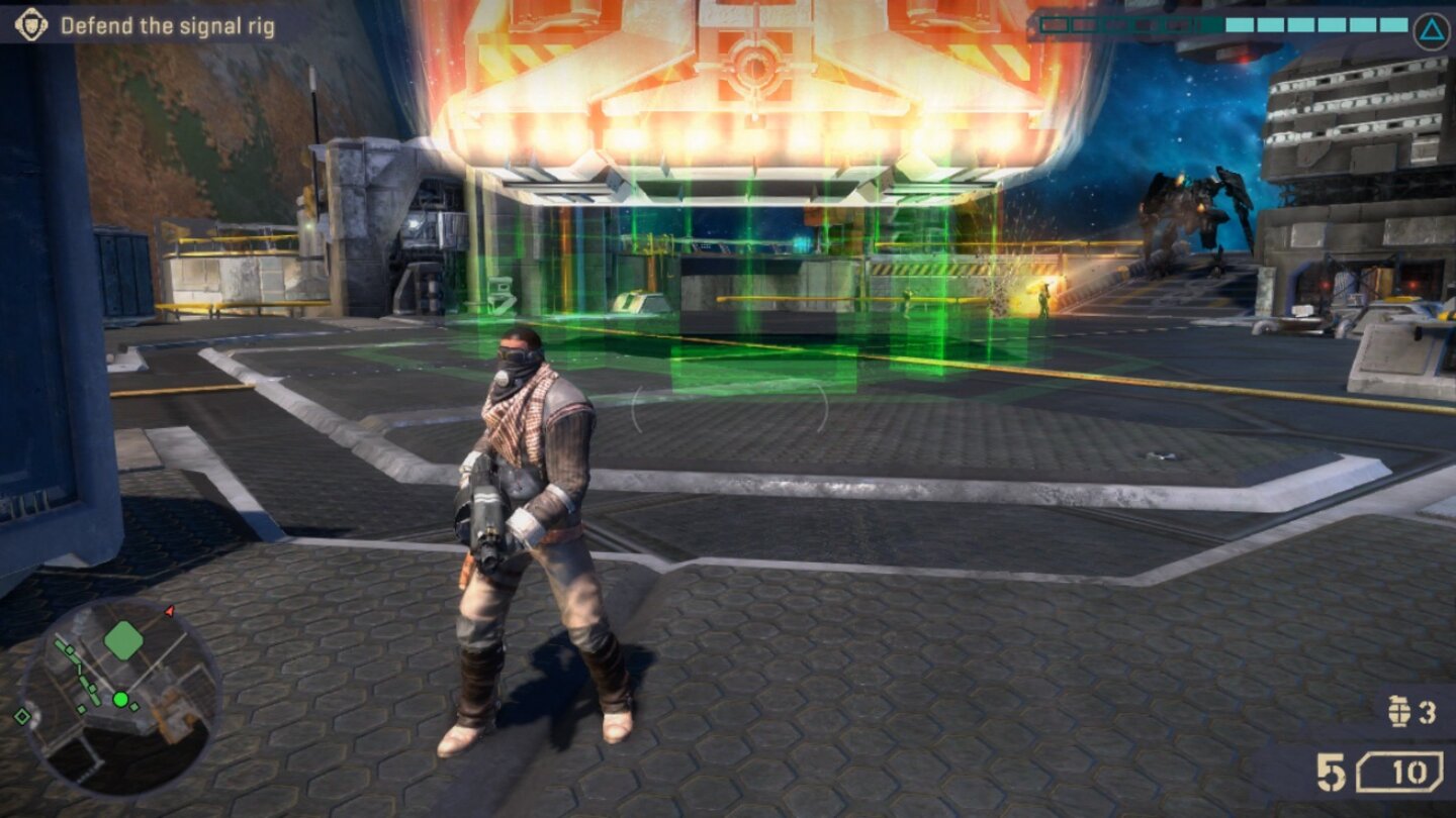 StarhawkMit einem netten Effekt fällt der Bunker vom Himmel und konstruiert sich wie von Geisterhand selbst.