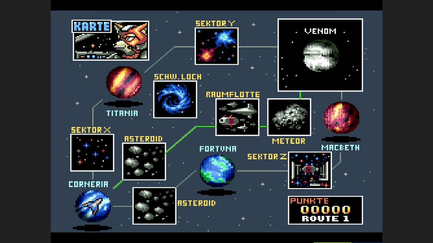 StarwingDie Galaxie im Überblick: Der Spieler kann aus insgesamt drei Routen wählen, die einen unterschiedlichen Schwierigkeitsgrad haben.