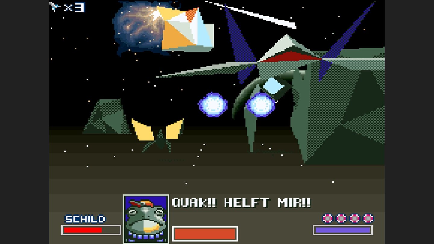 StarwingDie drei Kameraden geraten immer wieder in Schwierigkeiten - vor allem Frosch Slippy quakt ständig ein »Helft mir!« per Funk.