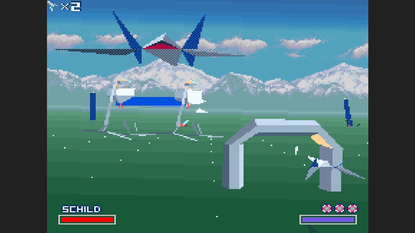 StarwingTrotz der kantigen Optik gibt es nette grafische Ideen: Auf Corneria zum Beispiel tragen zwei Roboter lässig einen Stahlpfeiler unter dem Arm.