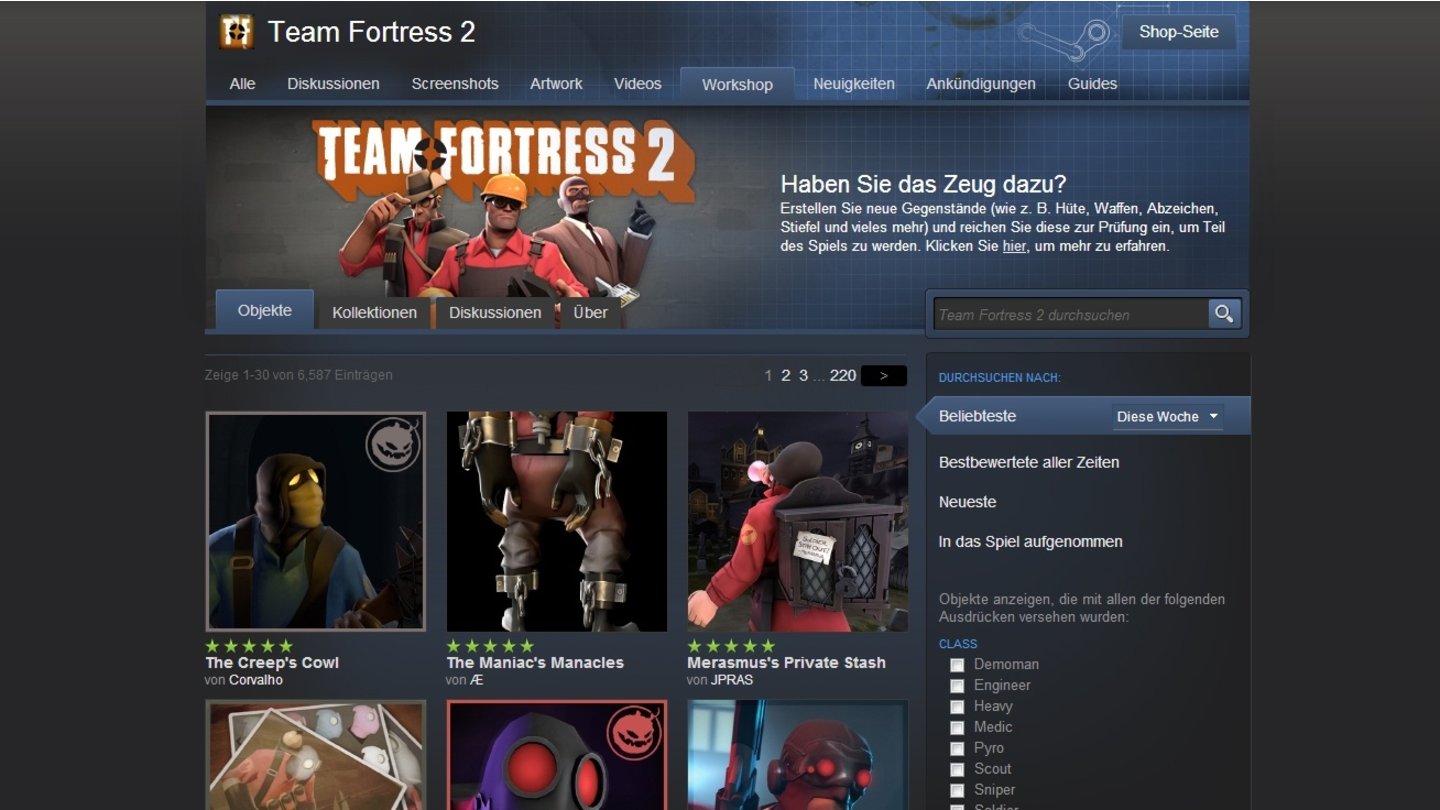 Im Mai 2012 wird der Steam-Workshop für alle Spiele auf der Plattform geöffnet. Nutzer können selbstgemachte Gegenstände für Programme wie Team Fortress 2 hochladen und auf einem digitalen Marktplatz auch selbst verkaufen. Einige Workshop-Künstler können von dieser Arbeit inzwischen leben.