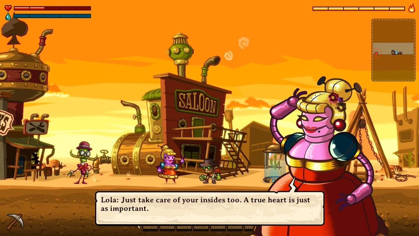 SteamWorld DigDie Saloon-Besitzerin scheint nichts zu verkaufen, hat aber viele gute Ratschläge parat.