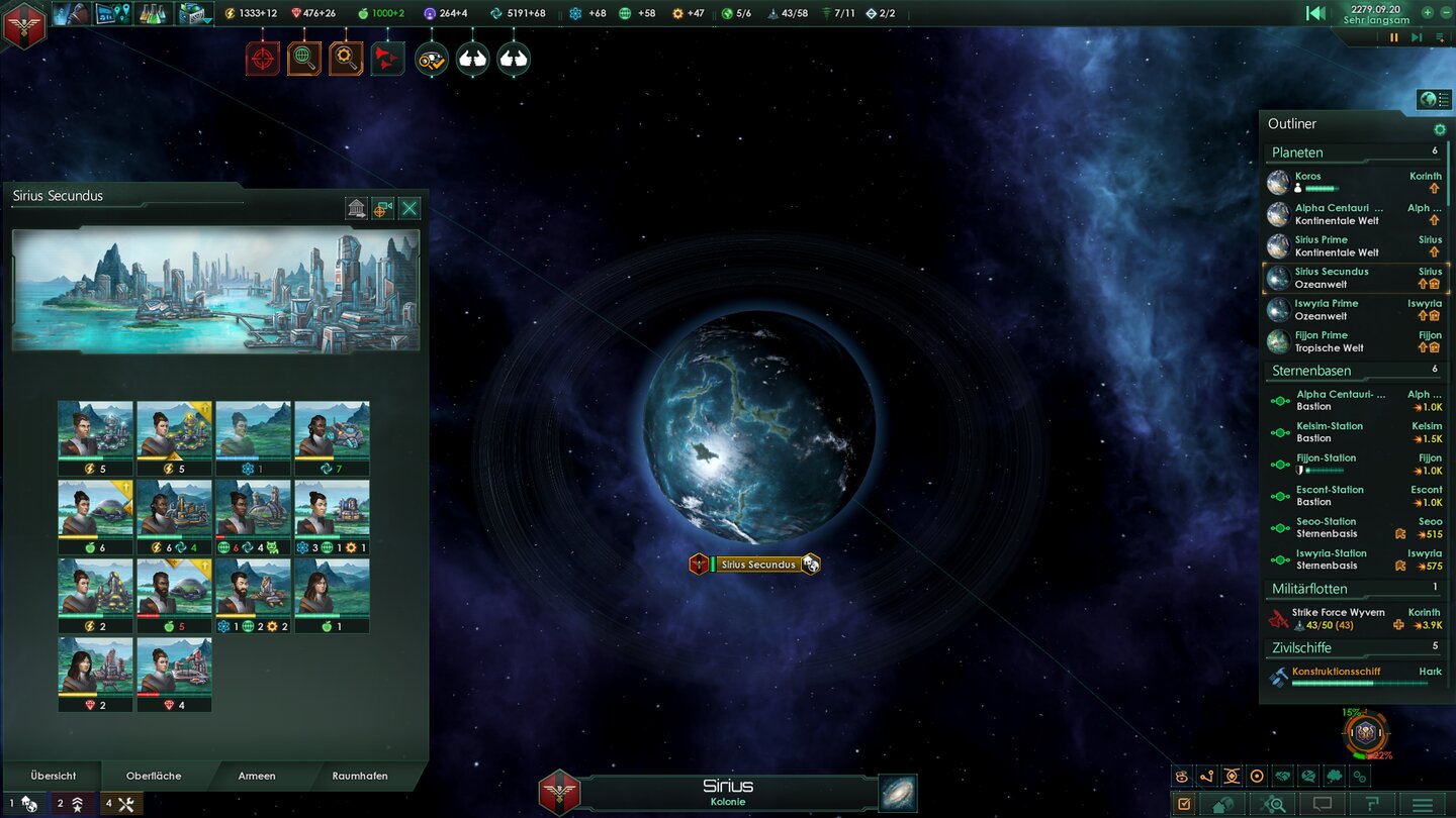 Stellaris 2.0Neue Komfortfunktionen gibt es auch in Form simpler Icons neben den Planeten, die uns stets darauf hinweisen, dass wir Gebäude errichten und verbessern können.