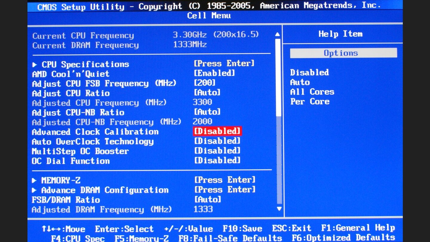 2.Schritt bei Mainboards mit ACC-NCC-Funktion: Zum Eintrag »Advanced Clock Calibration« oder »Nvidia Clock Calibration« wechseln.