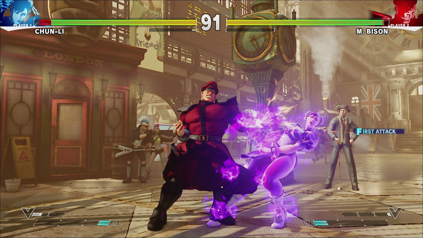 Street Fighter 5Die 2D-Grafik strotzt vor knalligen Spezialeffekten. Den Umgebungen mangelt es aber an interaktiven Objekten.