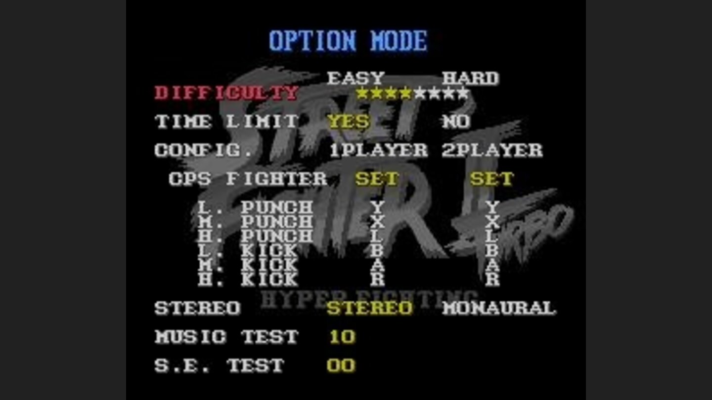 Options screen: change the difficulty level, controller buttons, time limit and hear any musics and sounds.