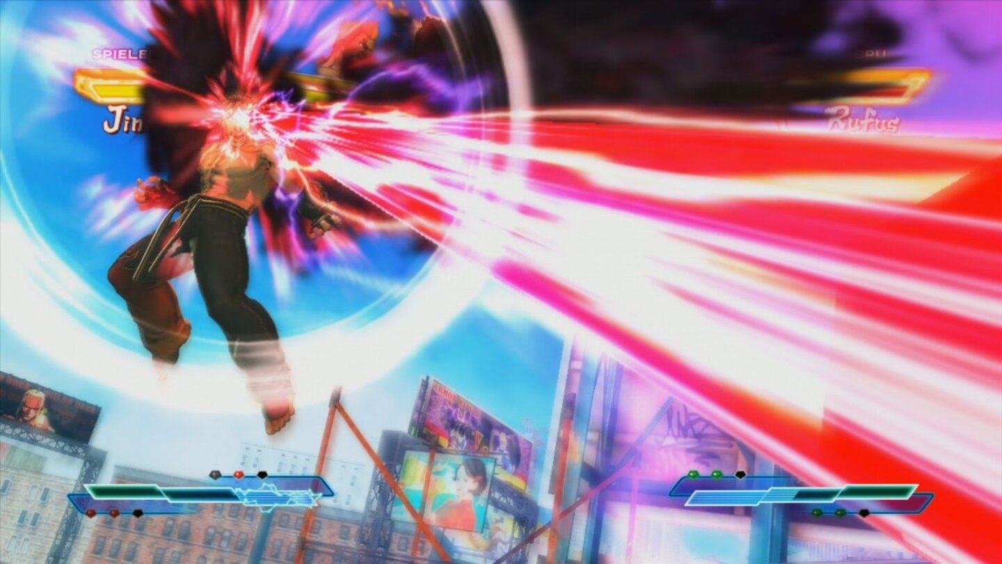 Street Fighter X TekkenDie Super Arts wie Jins »Devil Beam« verbrauchen zwei Balkenabschnitte der Cross-Anzeige.