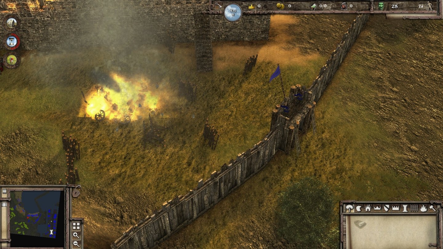 Stronghold 3 GoldVerflixt: Unsere brennenden Wagen sollten eigentlich die Pallisade anstecken, jetzt sind sie selber Feuer und Flamme.