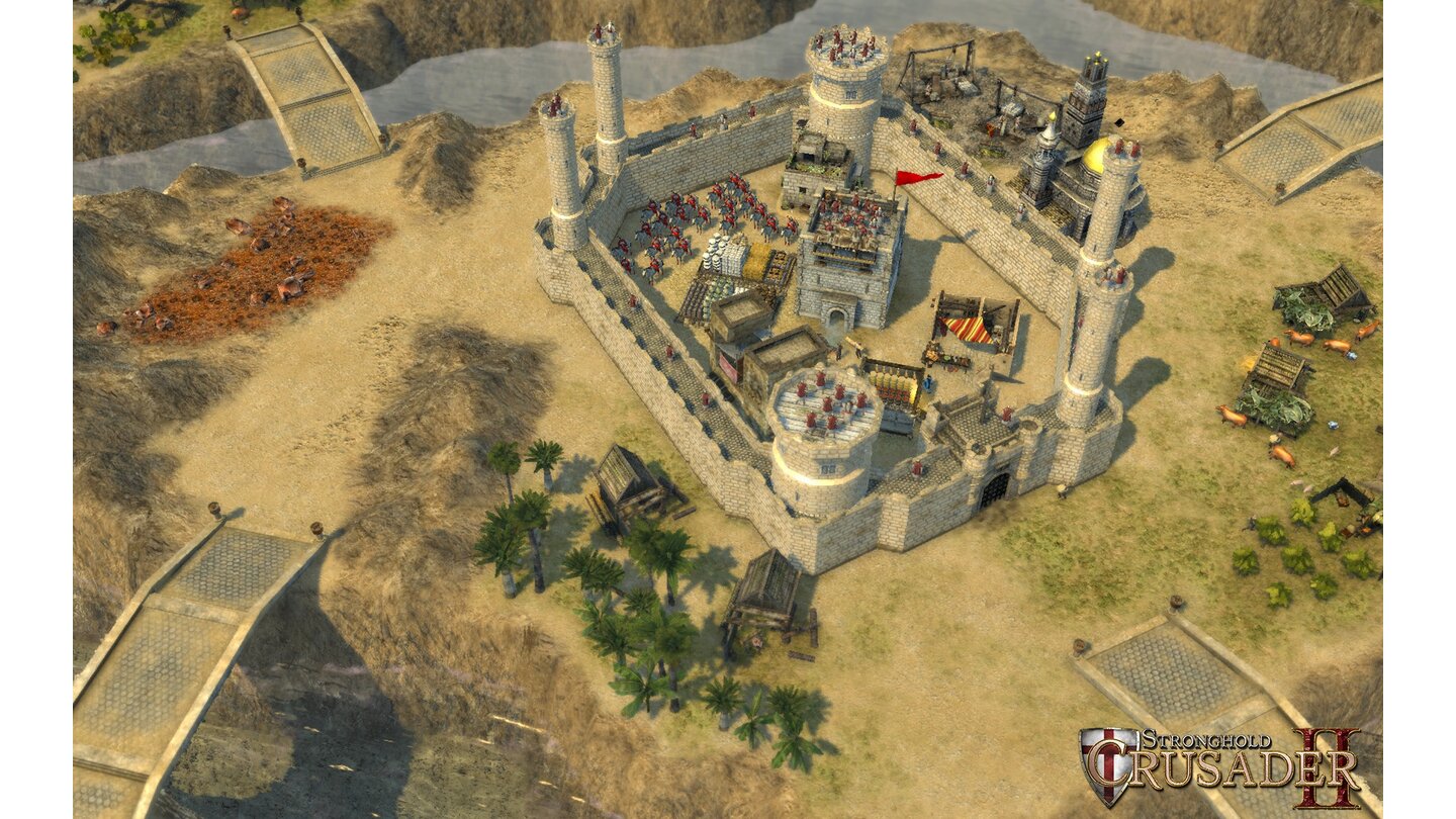 Stronghold Crusader 2Dieser Burghof bietet kaum Platz innerhalb seiner Mauern - außerdem wirkt es etwas unorthodox, die Gebäude an einem diagonal zu den Burgmauern verlaufenden Raster auszurichten.