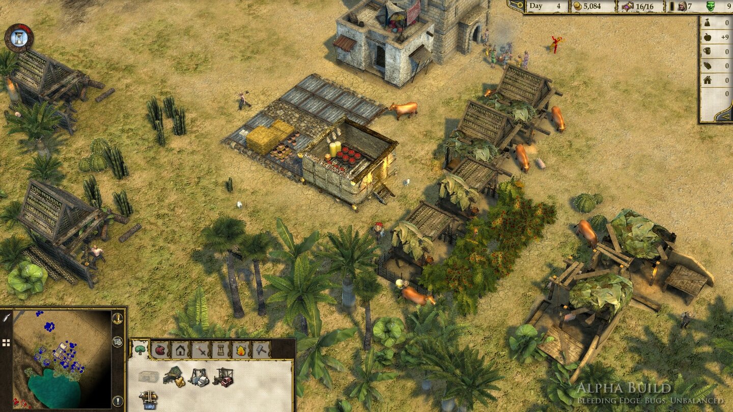 Stronghold Crusader 2
Wie in jedem Stronghold ist eine funktionierende Wirtschaft das A und O. Für einen vollen Kornspeicher (Mitte) sind unsere Kuhhirten und Obstgärten zuständig, die nur auf den Grünflächen einer Oase gebaut werden können. Links oben hacken unsere Holzfäller Bäume, die verarbeiteten Bretter bringen sie dann in das Lager (auch Mitte).