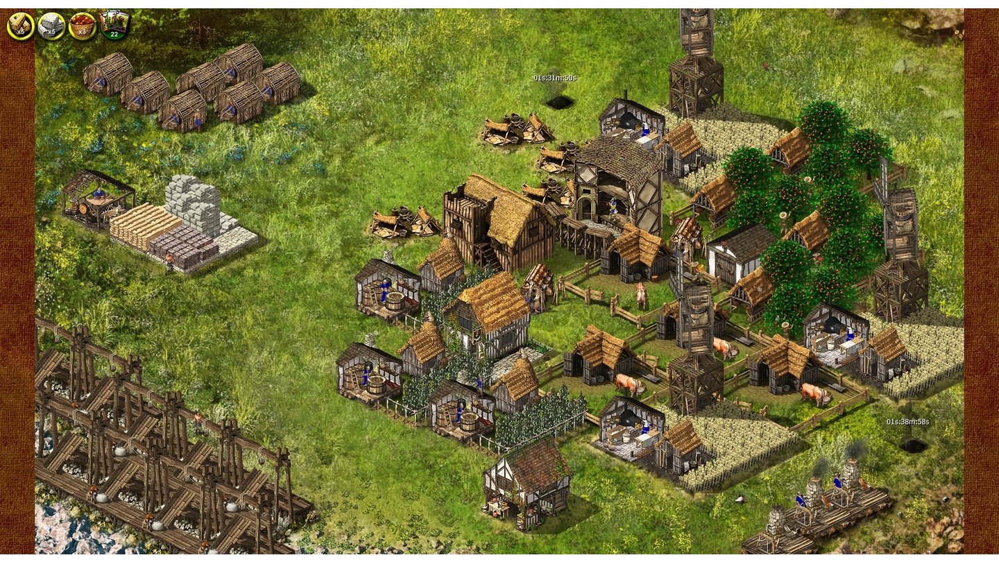 Stronghold KingdomsDas Dorf: Im Look von 2001 sorgen Sie mit Nahrung, Unterhaltung und jeder Menge Bier für gute Laune. Und für genug Ressourcen für Burgenbau, Waffen und Rüstung.