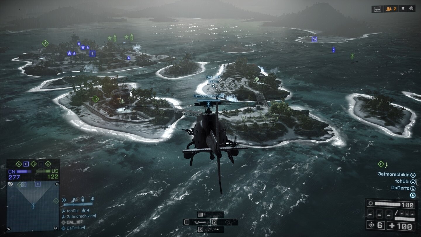 Battlefield 4 - Die Multiplayer-Karten - Paracel Storm / Sturm auf ParacelSetting: Inselkette im Chinesischen Meer. Keine Landfahrzeuge, nur Boote, Hubschrauber und Jets.
Levolution-Element: Der aufziehende Sturm sorgt für grandiose Atmosphäre, wirkt sich genau wie der strandende Zerstörer aber nur wenig auf das Gameplay aus.
Bester Spielmodus: Conquest
Schlechtester Spielmodus: Rush