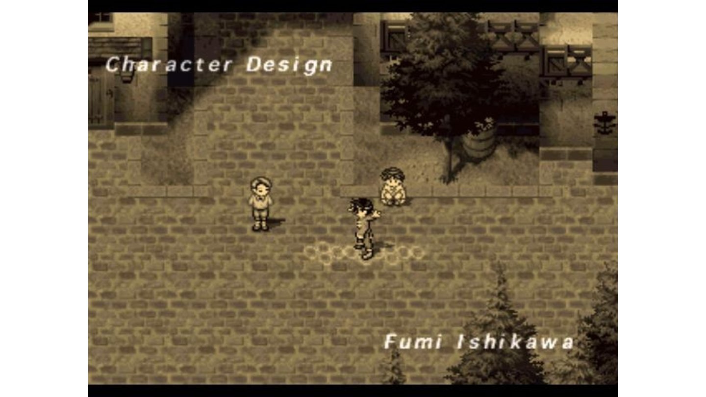 Memories of the past are always shown in black & white in Suikoden games. The hero remembers his childhood spent with his sister Nanami and his best friend Jowy, while the credits roll