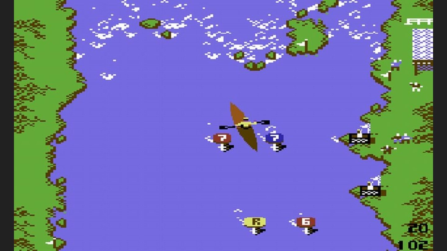 Summer Games 2Das Kajak steuert sich wie ein schwimmender Pixel-Panzer. Und dann verteilen die Entwickler noch jede Menge Hindernisse auf der Strecke ...