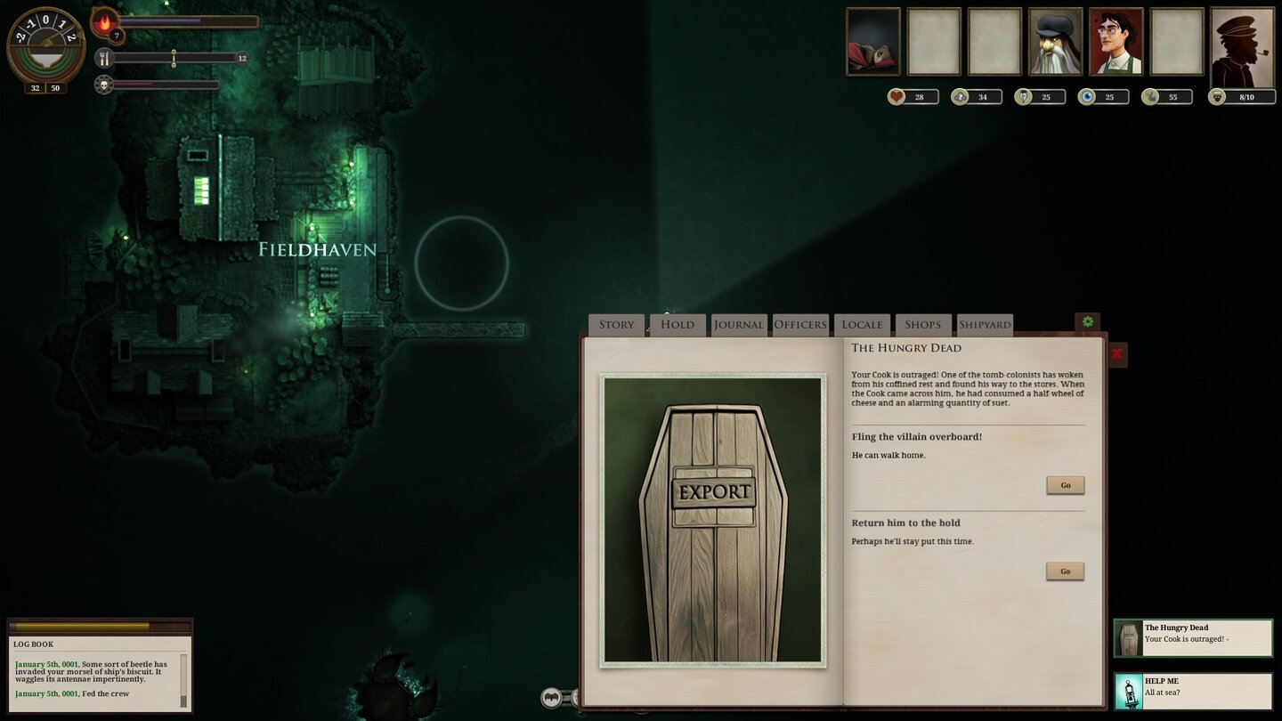 Sunless SeaEin Großteil von Sunless Sea verbringen wir in Menüs. Hier hat sich ein Passagier am Proviant vergriffen und geht vielleicht über Bord.