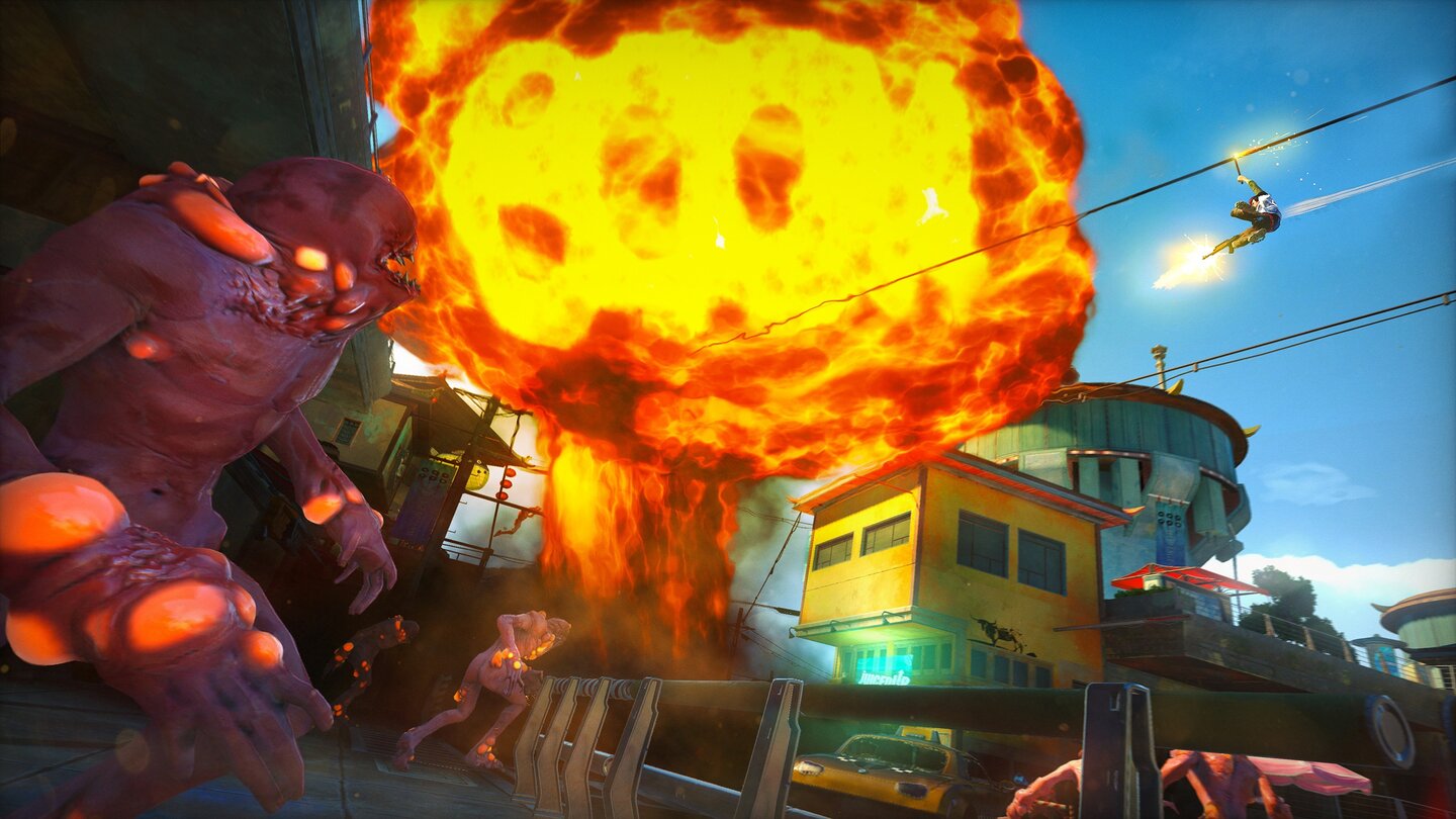 Sunset OverdriveDas Spiel steckt voller witziger Details, wie dem »BOOM«-Schriftzug in der Explosion.