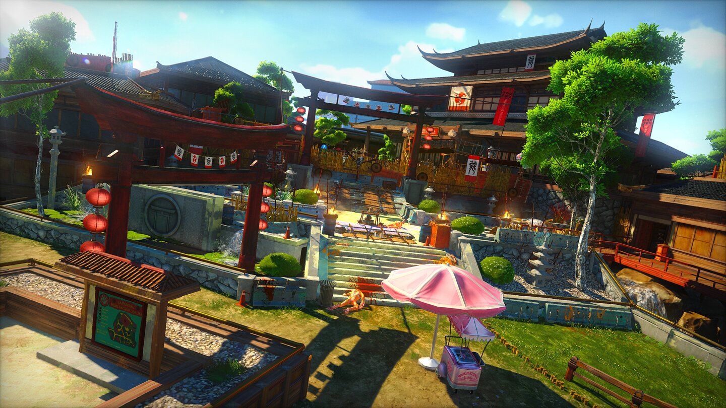 Sunset OverdriveDie offene Spielwelt, Sunset City, ist farbenfroh und detailreich gestaltet. Hier sehen wir das Japan-Viertel der fiktiven US-Metropole.