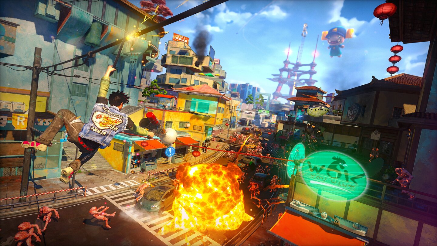 Sunset OverdriveDieser Screenshot zeigt die Essenz des Spiels: Akrobatik, irre Waffen, massig Monster und eine knallbunte, offene Spielwelt.