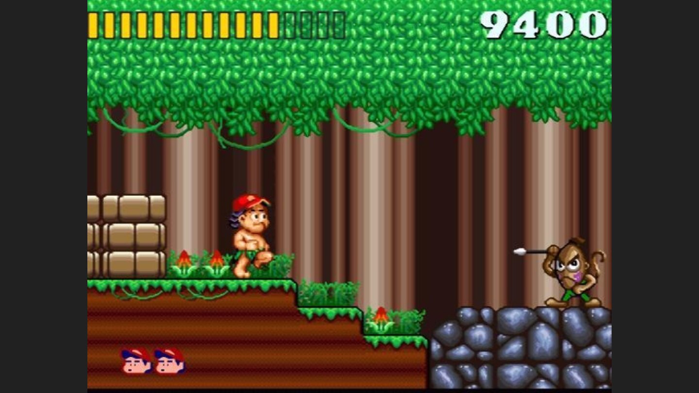 This mean-looking spear-thrower is not enough to stop Master Higgins