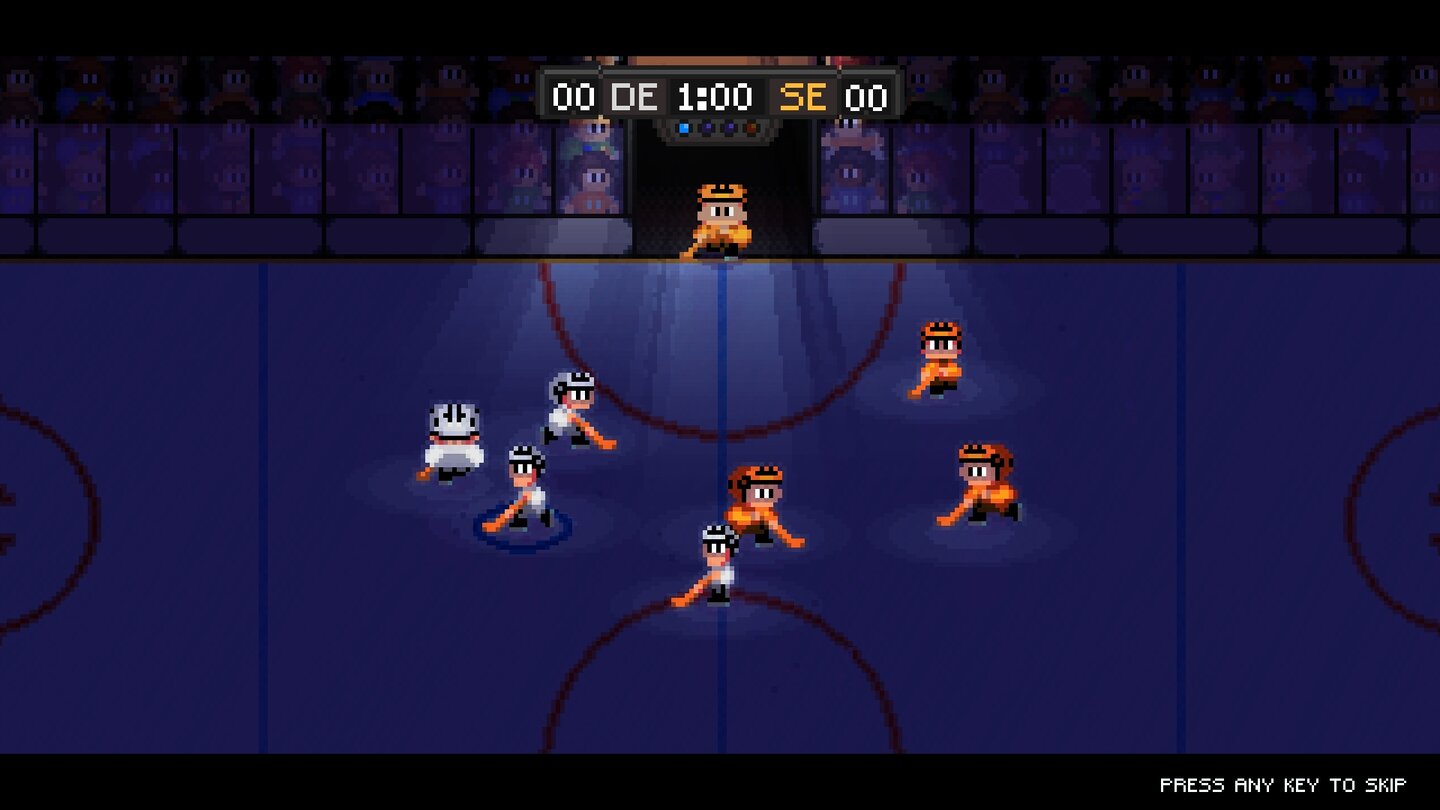 Super Blood HockeyLicht aus, Spot an: Der Einmarsch der putzig animierten Gladiatoren sorgt für heimelige 8-Bit-Gefühlswallungen.