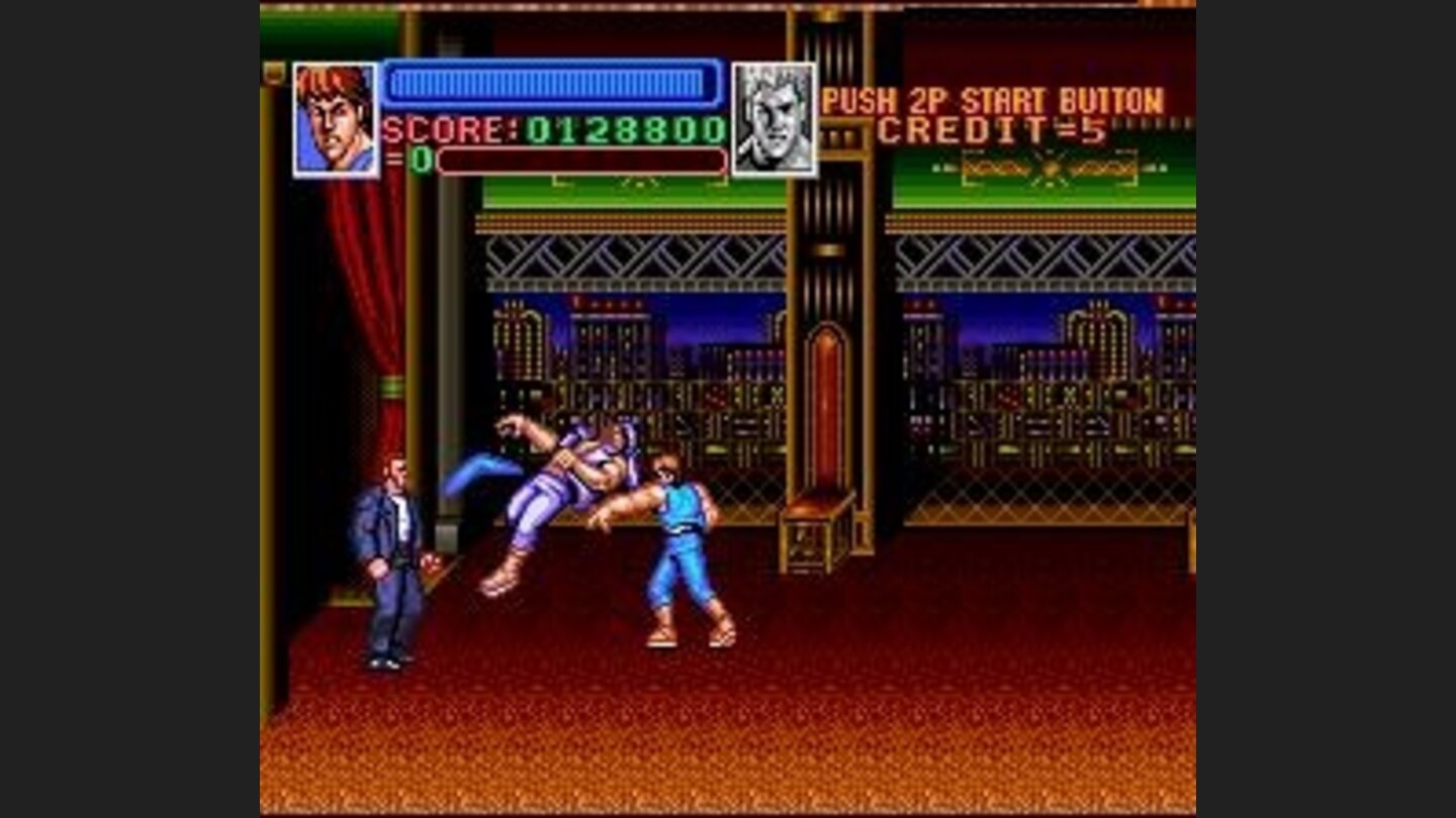 Billy facing off against an enemy and the suit-using boss with a Boomerang.