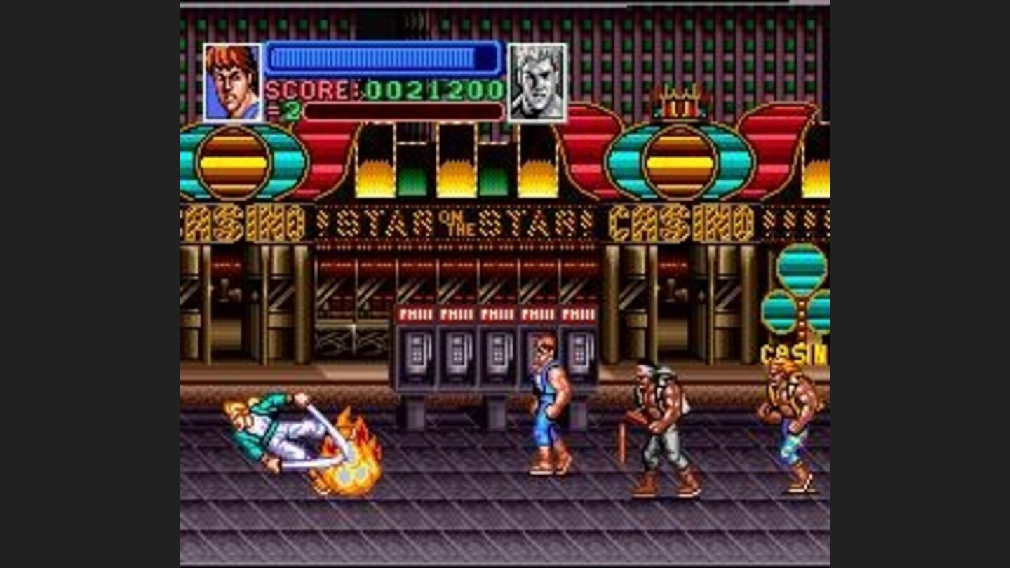 A sword using bad guy, getting hit by an explosion.