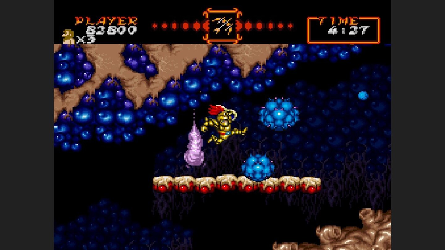 Super Ghoulsn GhostsIn diesem organischen Level, der hin und her schwankt, weicht der goldene Ritter Körpergasen und stacheligen Geschwüren aus.