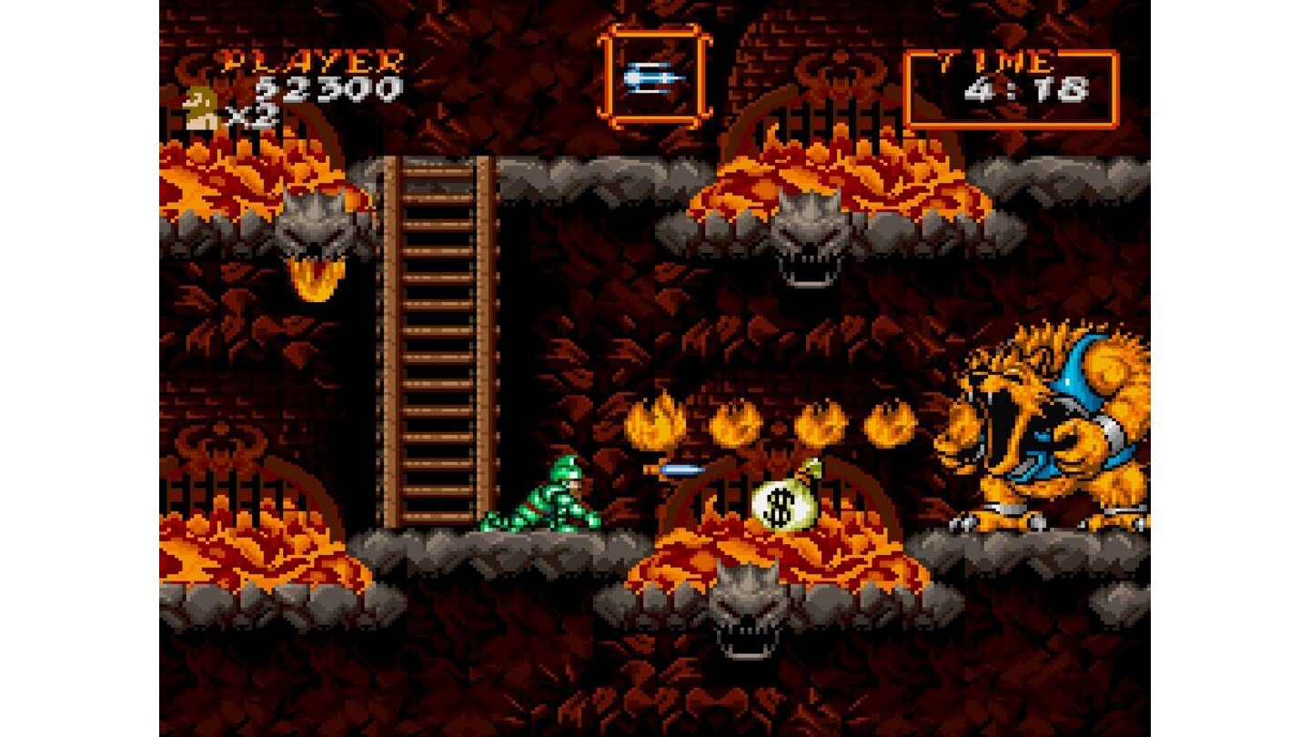 Super Ghouls'n GhostsEin Feuer-Level darf nicht fehlen. Vor allem auf die Lava-Becken muss Arthur achten – sonst steht er in Unterhosen da.