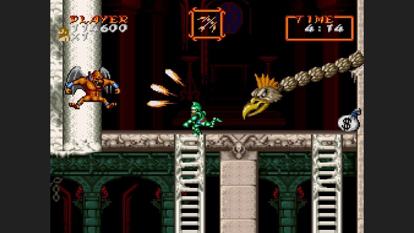 Super Ghoulsn GhostsDie fliegenden Gargoyles (links) gehören zu den kniffligsten Gegnern des Spiels. Sie verfolgen Arthur oft durch den halben Level.