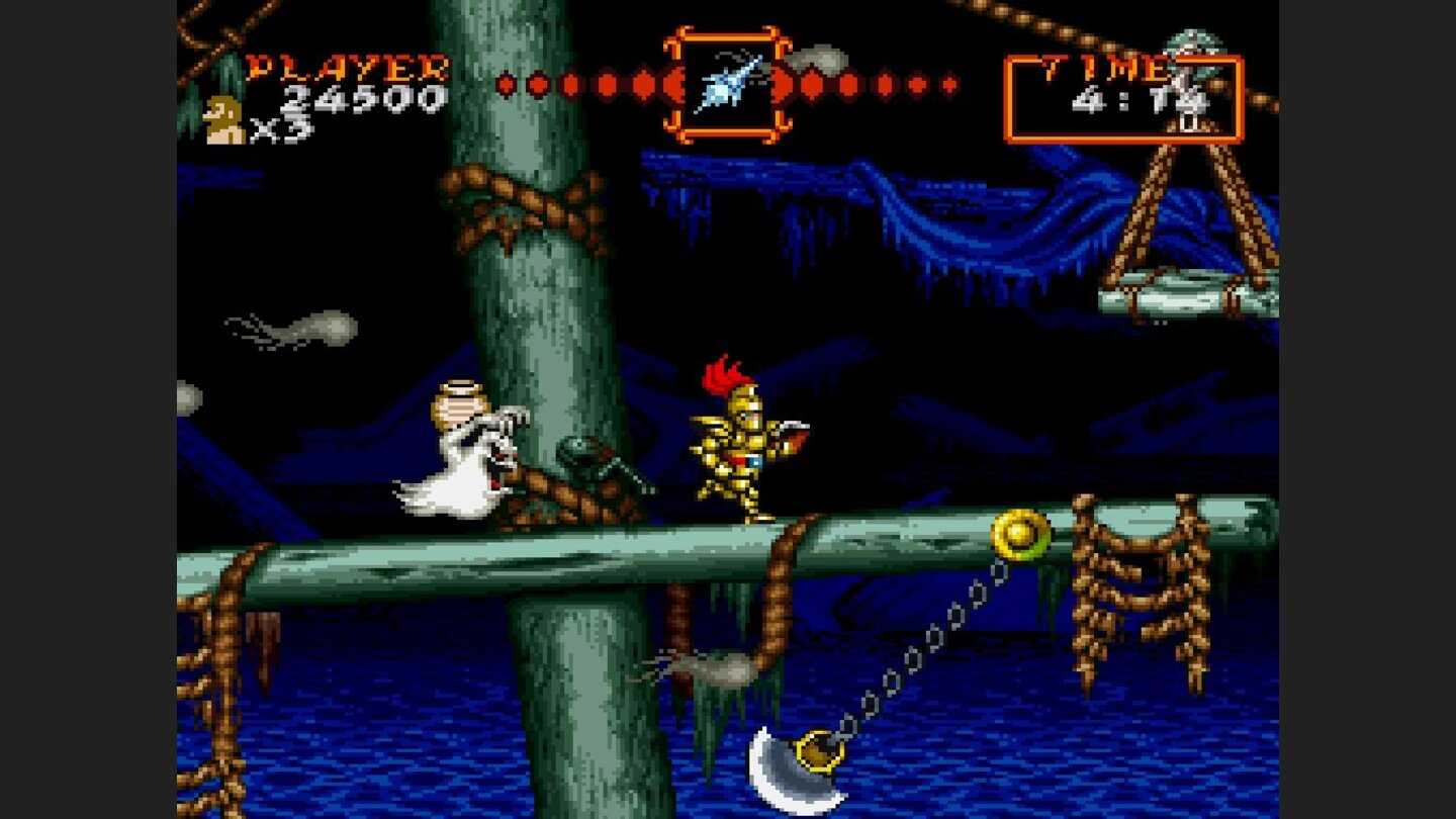 Super Ghoulsn GhostsAuf diesem Schiff balanciert Arthur über die Masten. Die Geister auf dem Kahn bekämpft er mit magischen Geschossen.