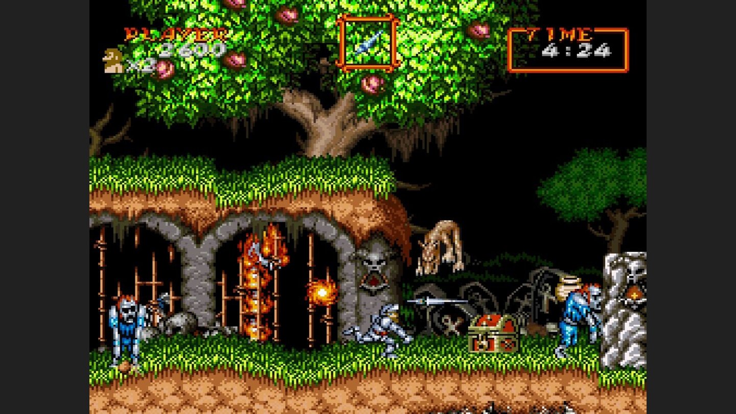 Super Ghoulsn GhostsZombies schlurfen umher, Werwölfe springen heran, ein Flammenschädel spuckt Feuer – schon im ersten Level ist einiges los.