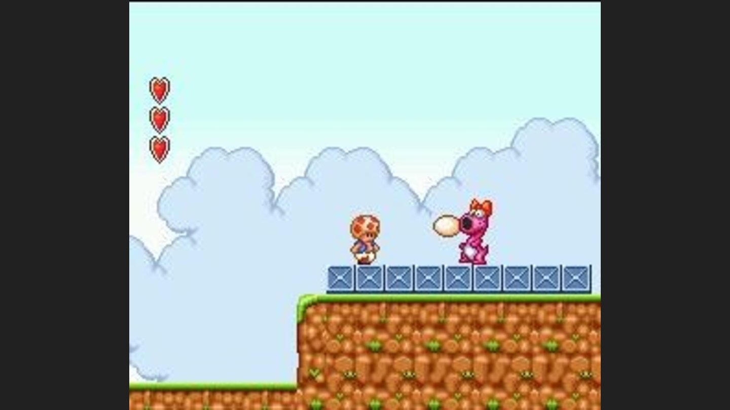 After Birdo launch an egg, goes up in it, grasp and return it to the true owner!