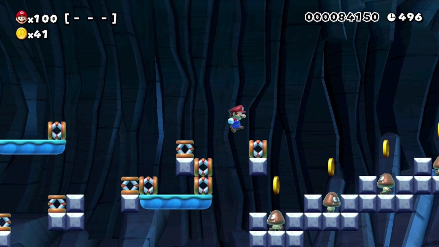 Super Mario MakerDer Fantasie sind keine Grenzen gesetzt. Mit Sprungblöcken lassen sich Levels bauen, in denen Mario von ganz allein zum Ziel hüpft, ohne dass wir einen Knopf drücken müssen.