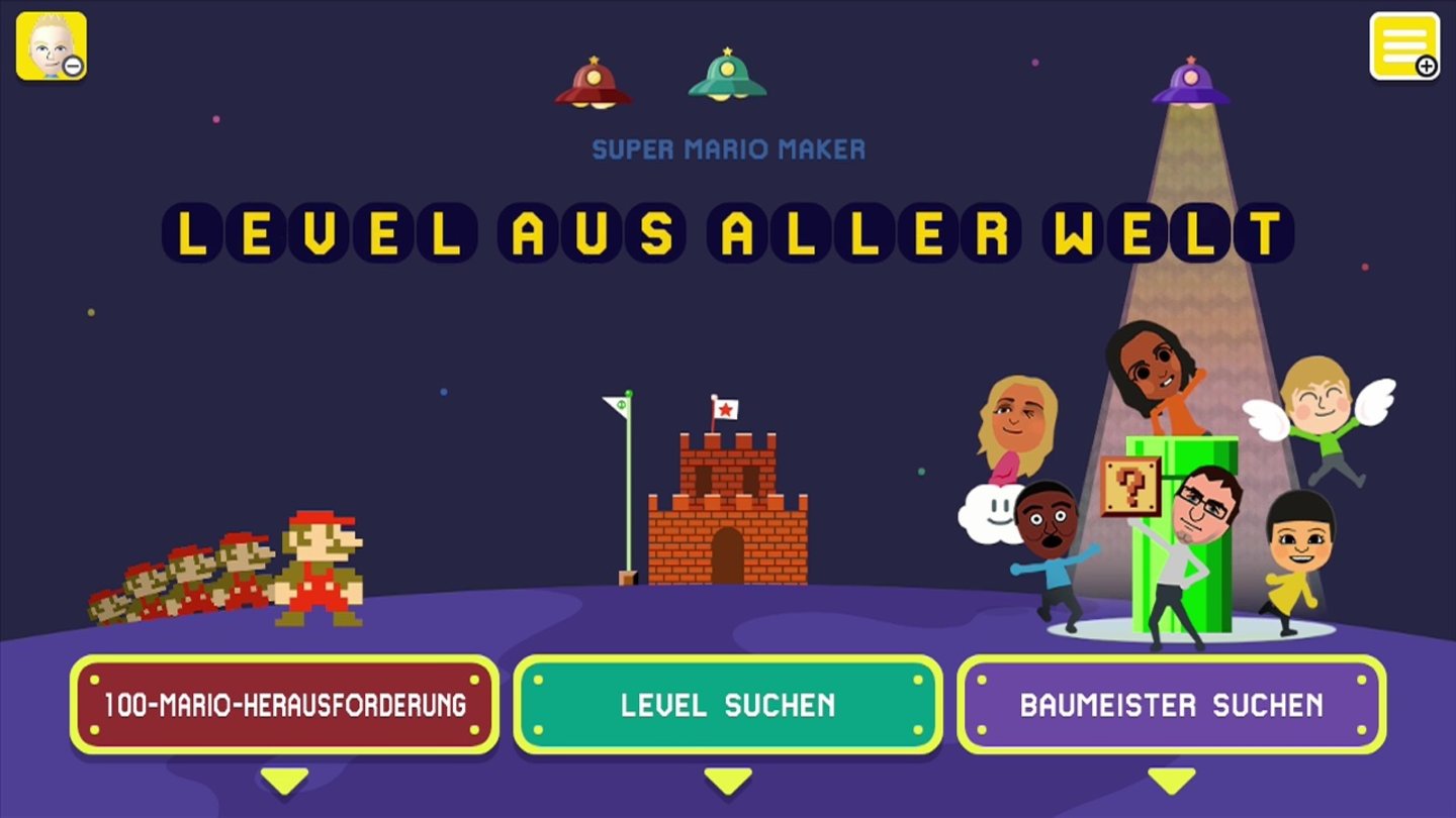Super Mario MakerDie Online-Levels finden wir in einer eigenen Hub-Welt. Hier können wir die Kreationen auch nach Baumeister filtern.