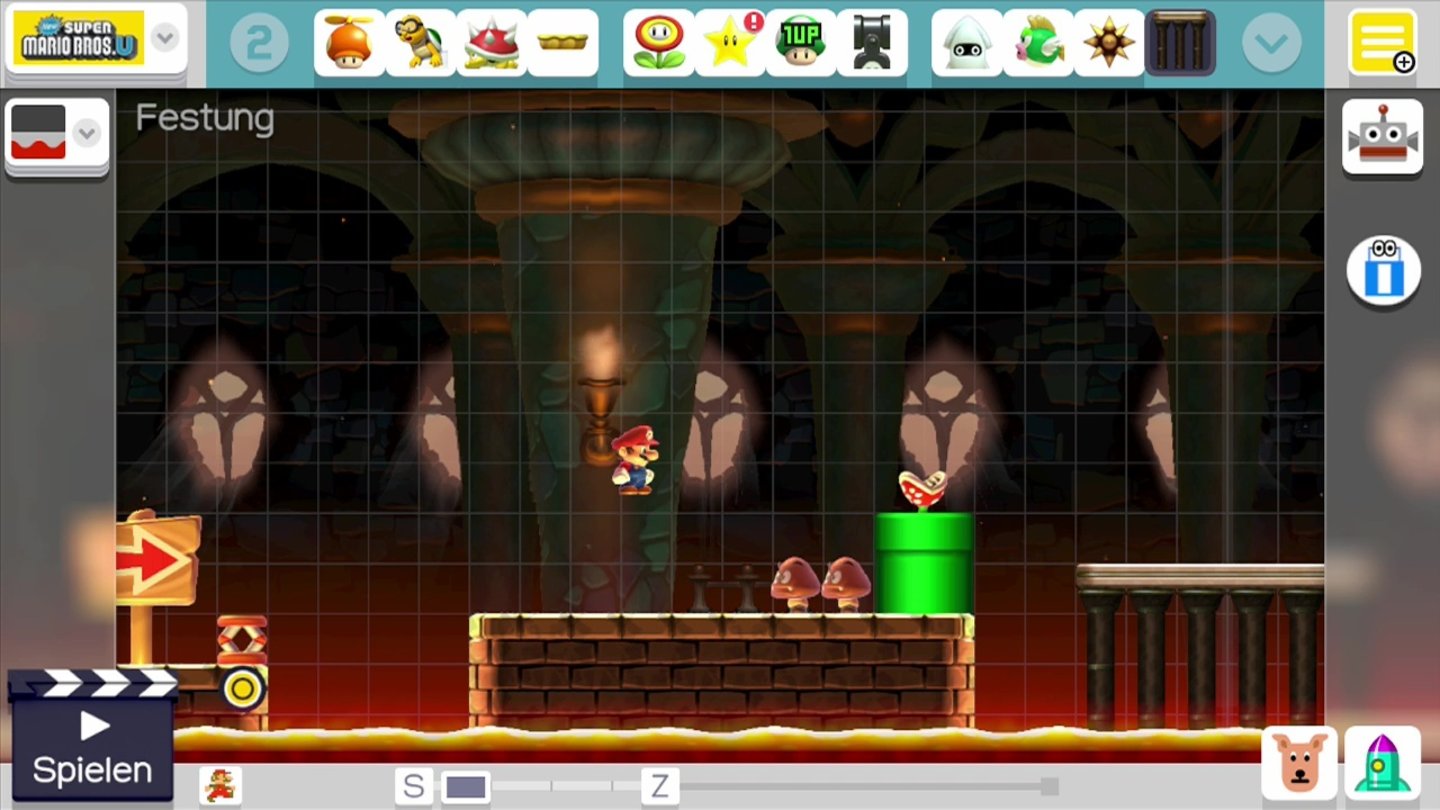 Super Mario MakerMit einem Tipp auf den Touchscreen verändern wir in Sekundenschnelle den Hintergrund unseres Levels. Hier haben wir uns für die Festungs-Welt entschieden.