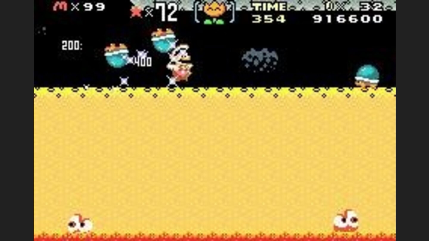 The Super Star Mario in action, smashing some green-shell guys.