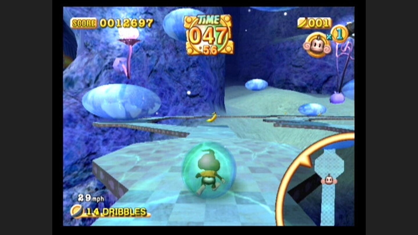 Those floating blobs try to knock monkeys off the path