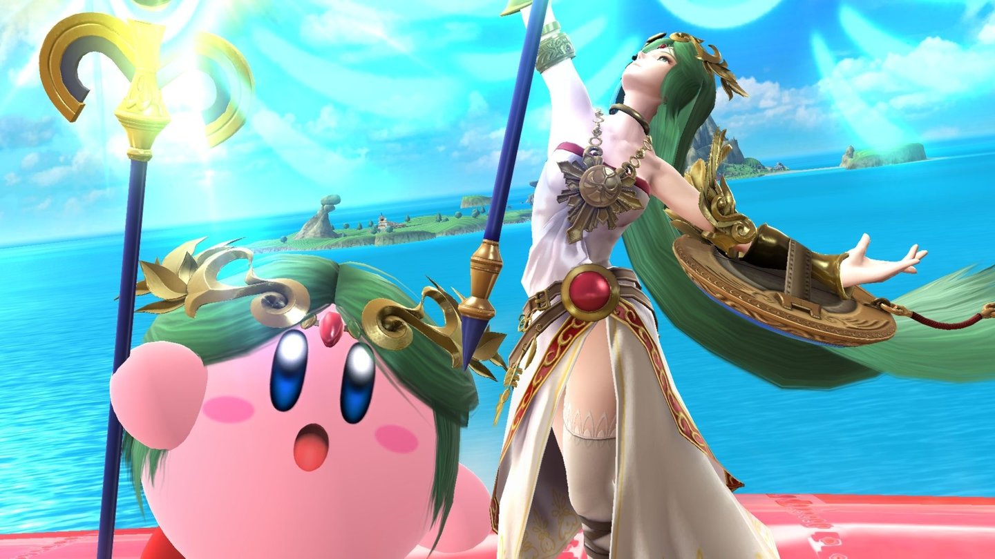 Super Smash Bros. - Screenshots der Wii-U-VersionPalutena und Kirby in seiner Palutena-Form. Der rosa Rundling kann nämlich seine Gegner verschlingen und so ihre Kräfte erhalten.