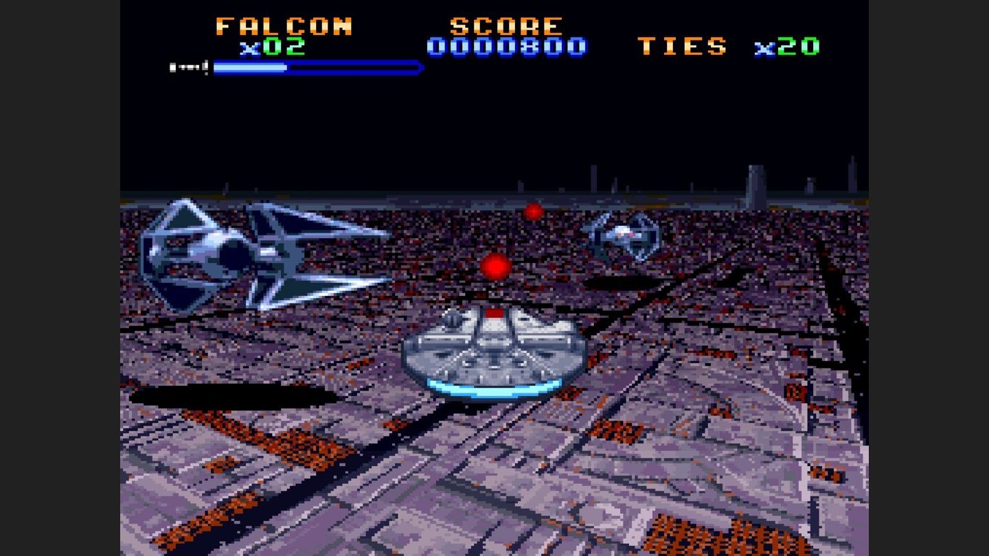 Super Star Wars: Return of the JediFlugsequenzen lockern den Spielablauf immer wieder auf. Hier legen wir uns im Millennium-Falken mit Tie-Fightern an.
