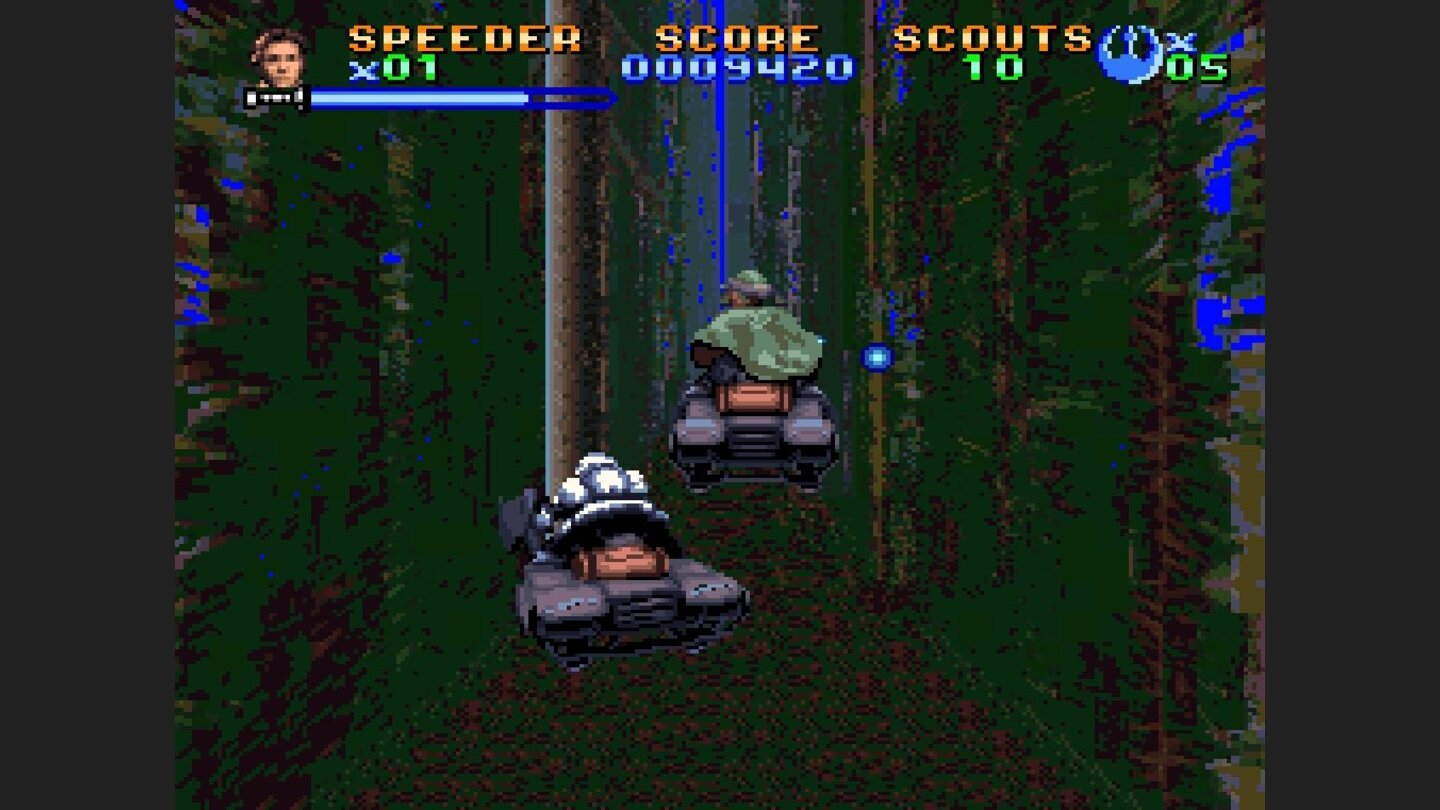 Super Star Wars: Return of the JediDer Geschwindigkeitsrausch wird im 16-Bit-Zeitalter noch mit optischen Tricks erzeugt. Die Speeder-Jagd auf Endor wird so zum Highlight.