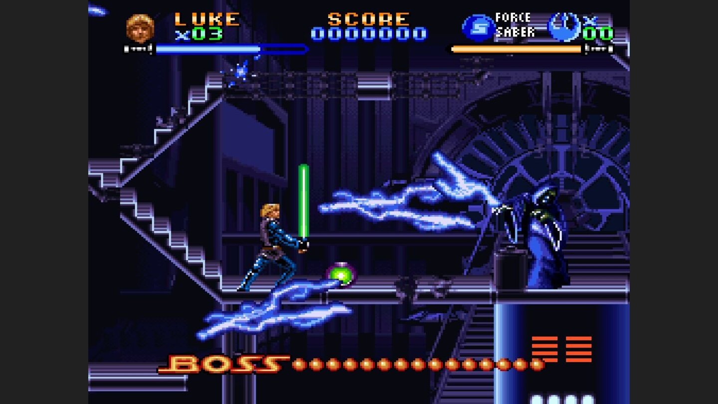 Super Star Wars: Return of the JediBlitze auf dem ganzen Bildschirm: Der Imperator lässt uns seine Macht spüren – aber auch Luke hat gewaltige Fähigkeiten.
