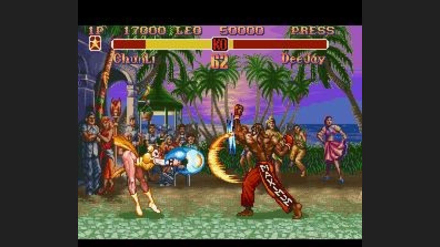 Fighting in Jamaica: Chun-Li makes a Kikouken and Dee Jay strikes back with a Max Out.