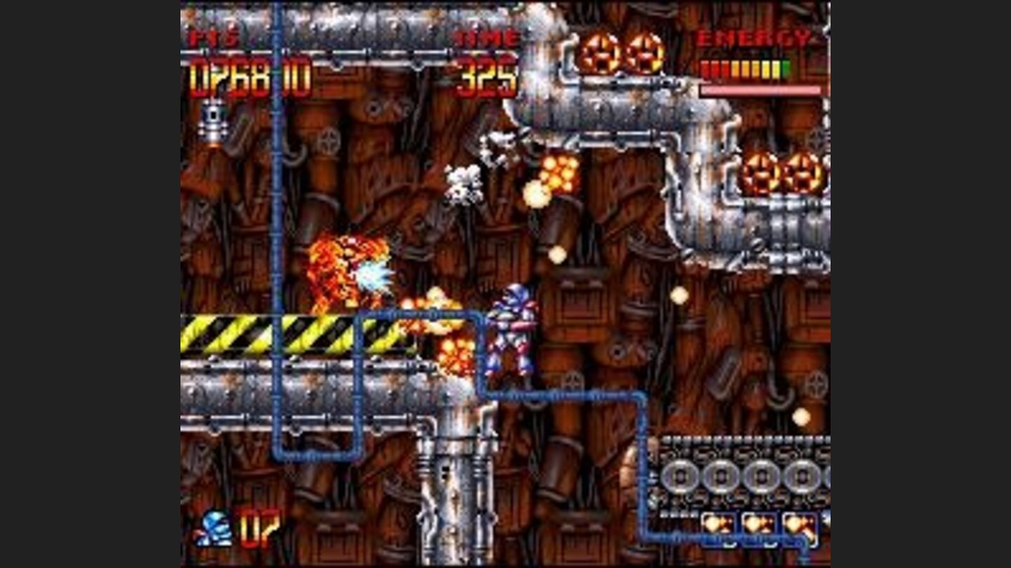 Conveyor belts, flamethrowers, falling rockets and small pesky enemies will keep you busy in this stage