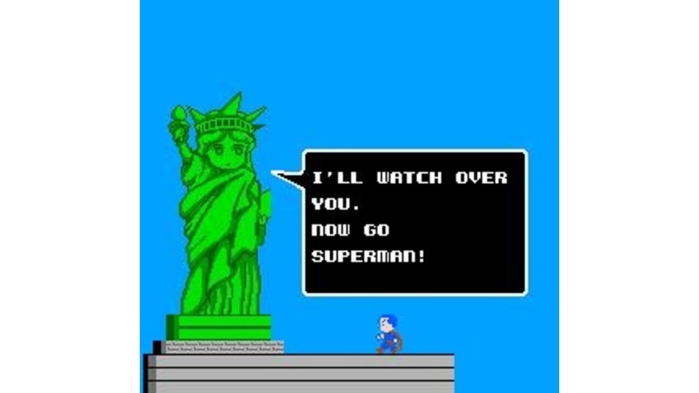 Superman talking to the Statue of Liberty during the intro
