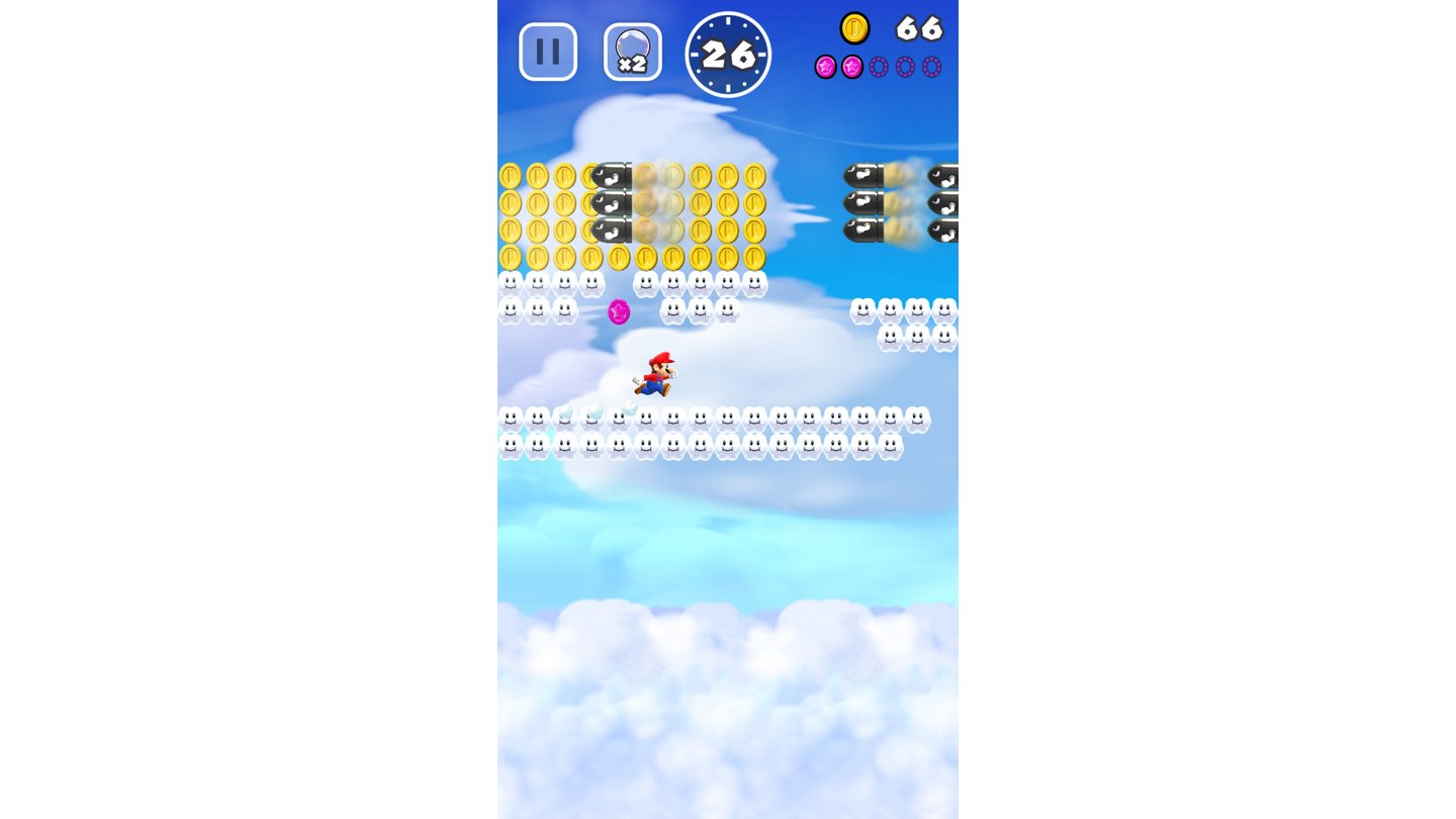 Super Mario RunManche Extras beschleunigen Mario immens, da kann man schon mal eine rosa Münze zwischen den Wolken übersehen.