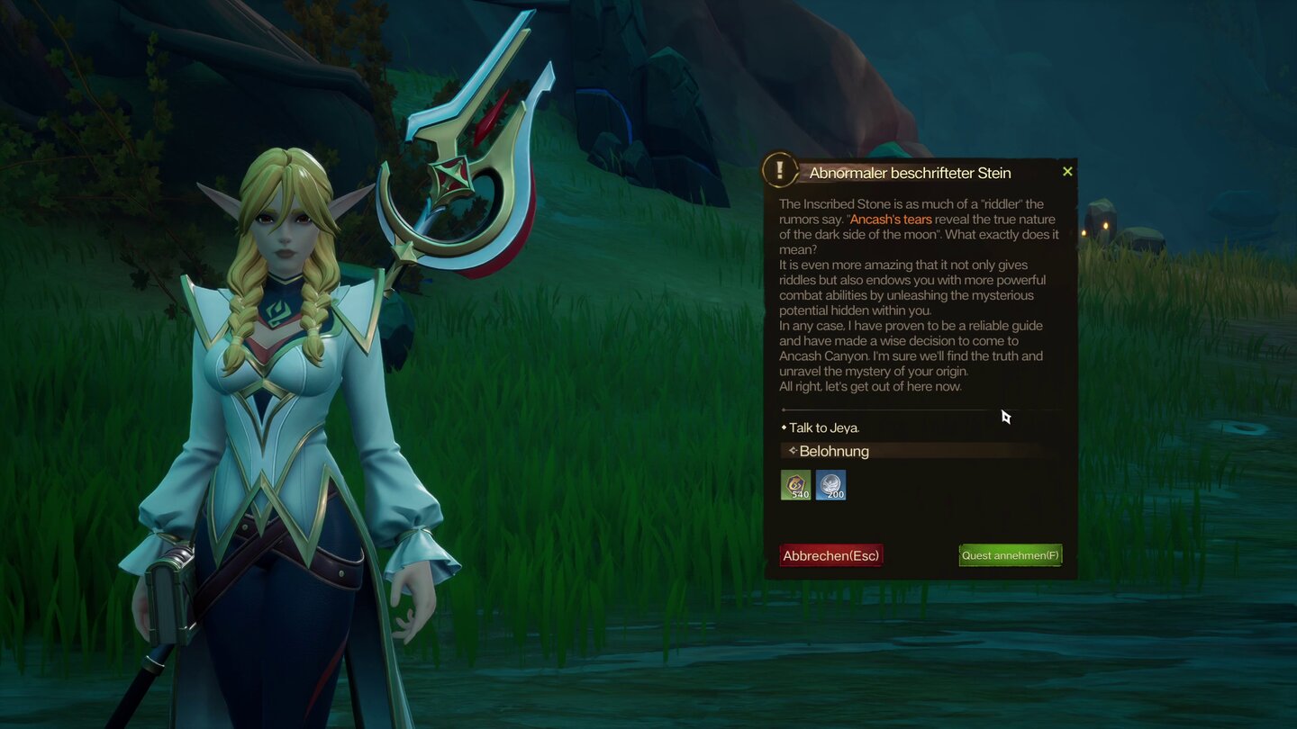 NPCs geben euch regelmäßig Aufgaben, für die ihr wiederum Belohnungen erhaltet. Teilweise spielt da die Übersetzung in er Beta noch nicht mit - manche Passagen sind Englisch, andere Deutsch.